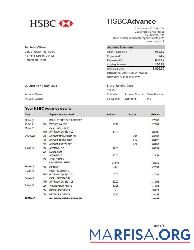 Blank Israel HSBC bank statement excel sample